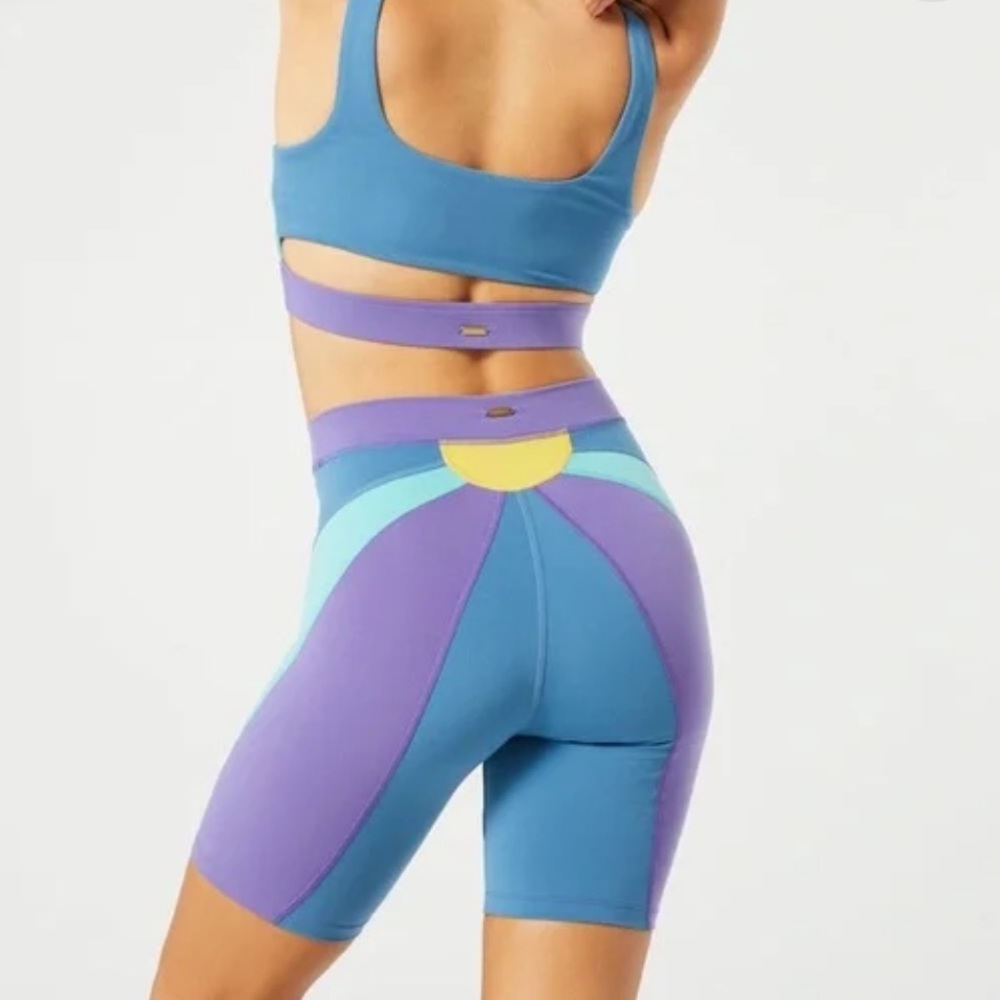 l*space Colorblock High-Waist Bike Shorts in Blue, Purple & Yellow